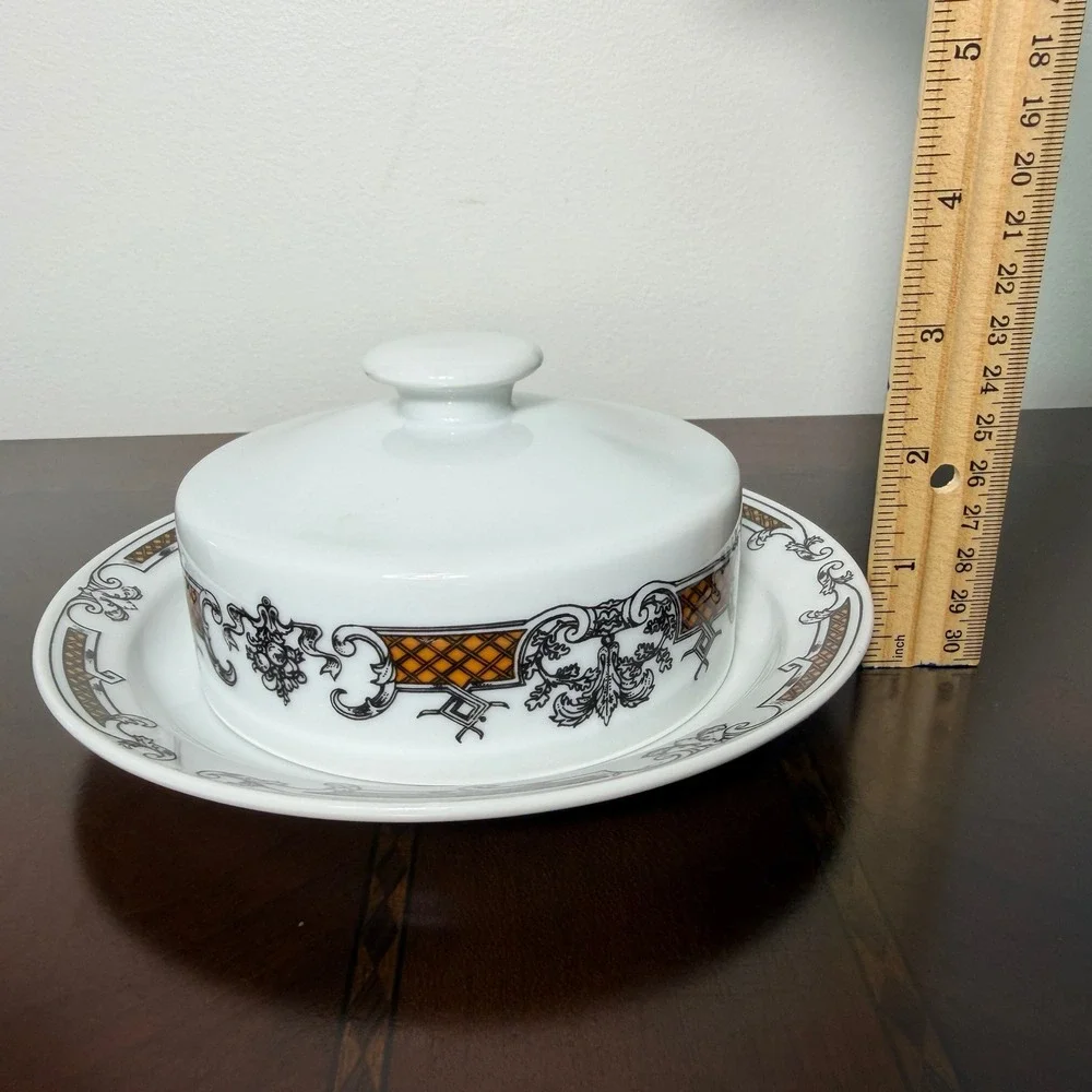 Vintage Czechoslovakia Porcelain Butter Dish Covered Cheese Keeper Black White